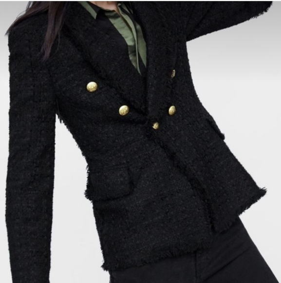 ZARA TEXTURED TWEED BLAZER BLACK GOLD BUTTONS size XS - Picture 4 of 8